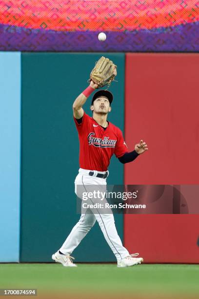 Steven Kwan of the Cleveland Guardians makes a catch to get out Cedric Mullins of the Baltimore Orioles during the fifth inning at Progressive Field...