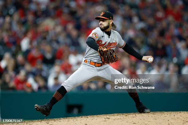 Cionel Perez of the Baltimore Orioles pitches against the Cleveland Guardians during the ninth inning at Progressive Field on September 23, 2023 in...