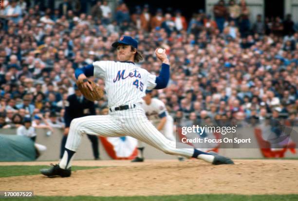 Pitcher Tug McGraw of the New York Mets pitches against the Baltimore Orioles during The 1969 World Series October 1969 at Shea Stadium In the Queens...