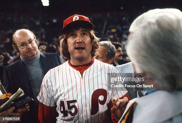 Pitcher Tug McGraw of the Philadelphia Phillies talks with the Media after defeating the Kansas City Royals in game six of the 1980 World Series at...