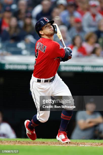 Tyler Freeman of the Cleveland Guardians bats against the Baltimore Orioles during the fifth inning at Progressive Field on September 23, 2023 in...