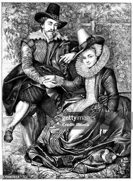 antique illustration of rubens and isabelle brandt - peter paul rubens painter stock illustrations
