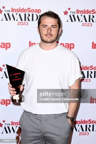 Max Bowden with the Soap Superstar of the Year Award at the Inside Soap Awards 2023 Winners Room at Salsa! on September 25, 2023 in London, England.