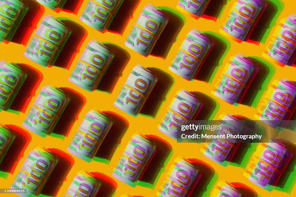 Pattern Repeated American Dollars Banknotes in Glitch Double Exposure on the Yellow Background
