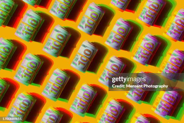 pattern repeated american dollars banknotes in glitch double exposure on the yellow background - canadian dollars stock pictures, royalty-free photos & images
