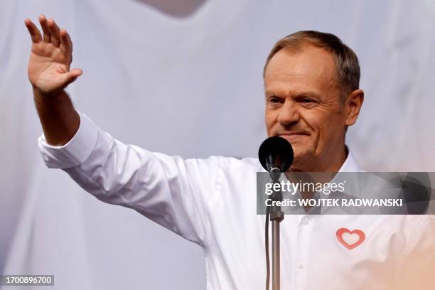 Polish opposition leader, former premier and head of the centrist Civic Coalition bloc, Donald Tusk addresses participants of the 'Million Hearts...