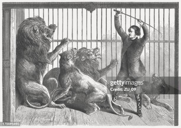 tamer in der lion's käfig, 1864 - dompteur stock-grafiken, -clipart, -cartoons und -symbole