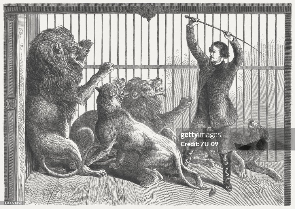 Tamer in the lion's cage, wood engraving, published in 1864