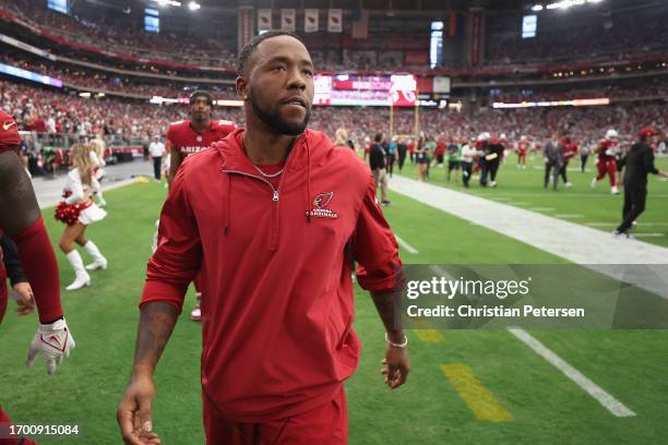 Safety Budda Baker of the Arizona Cardinals walks off the field during the NFL game at State Farm Stadium on September 24, 2023 in Glendale, Arizona....