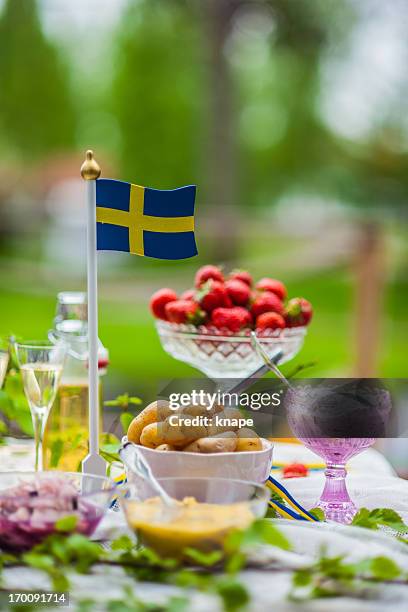 smörgåsbord with pickled herring and snaps - svensk sommar bildbanksfoton och bilder