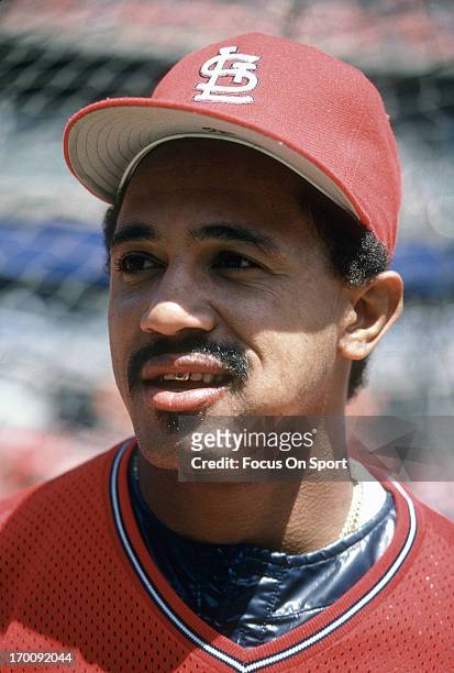 Tony Pena of the St. Louis Cardinals looks on during batting practice before a Major League Baseball game circa 1987. Pena played for the Cardinals...