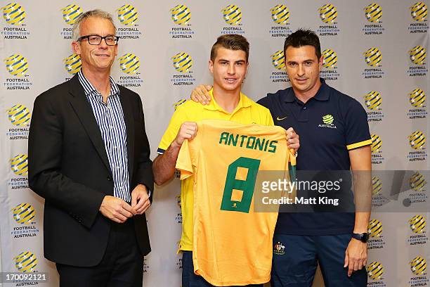 David Gallop, Terry Antonis and Young Socceroos coach Paul Okon pose during the Young Socceroos Farewell Function at the FFA Offices on June 7, 2013...