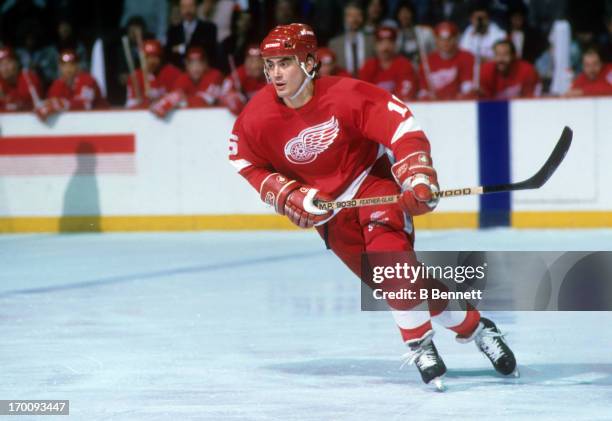 John Chabot of the Detroit Red Wings skates on the ice during an NHL game against the Philadelphia Flyers on February 21, 1988 at the Spectrum in...