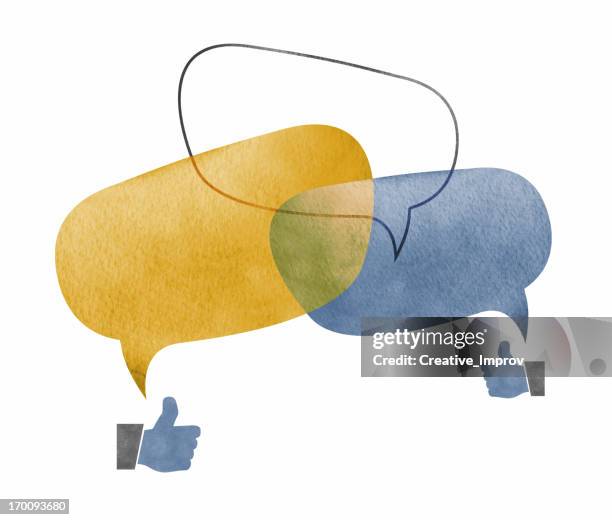 three speech bubbles overlapping with thumbs up - venn diagram stock illustrations