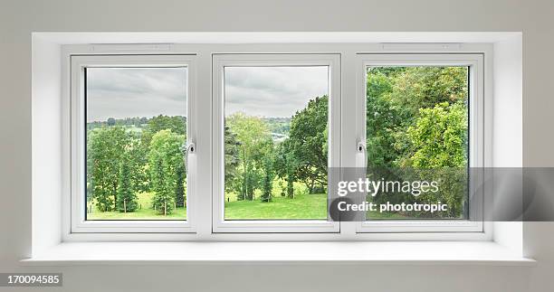 white windows with garden view - window frame stock pictures, royalty-free photos & images