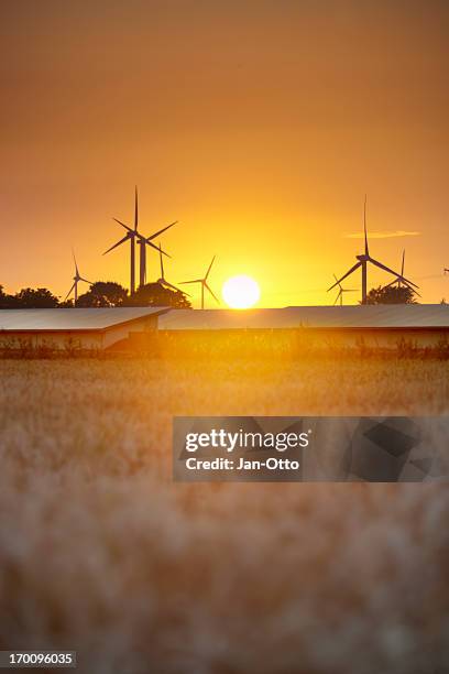 windmills with solar panels and sunset - schleswig holstein stock pictures, royalty-free photos & images