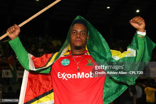 Shimron Hetmyer of Guyana Amazon Warriors celebrates winning the Republic Bank Caribbean Premier League Final between Trinbago Knight Riders and...