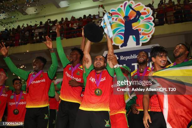 Imran Tahir, captain of Guyana Amazon Warriors lifts the Republic Bank Caribbean Premier League Trophy after winning the Republic Bank Caribbean...