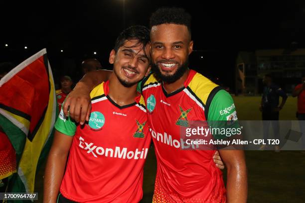 Shai Hope and Saim Ayub of Guyana Amazon Warriors celebrates winning the Republic Bank Caribbean Premier League Final between Trinbago Knight Riders...