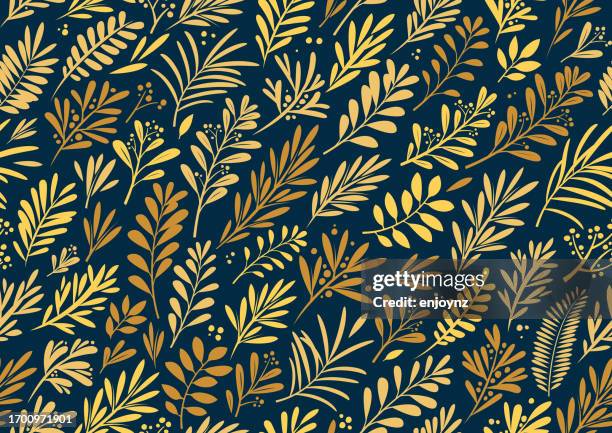 ilustrações de stock, clip art, desenhos animados e ícones de seamless gold christmas plants background wallpaper - galhinhos