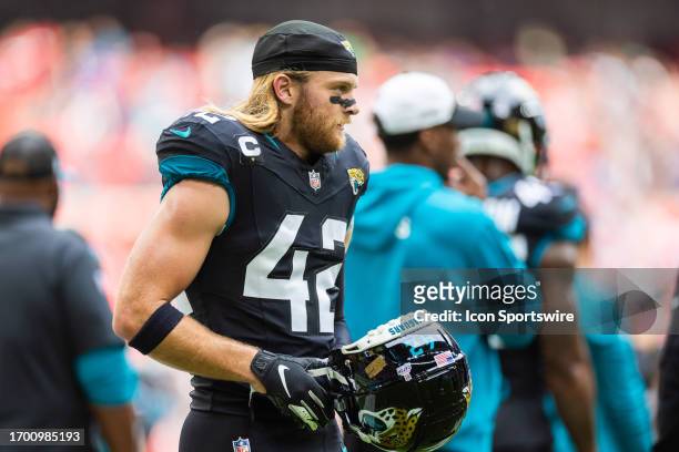 Jacksonville Jaguars safety Andrew Wingard walks on the field before the NFL international series game between the Jacksonville Jaguars and Atlanta...
