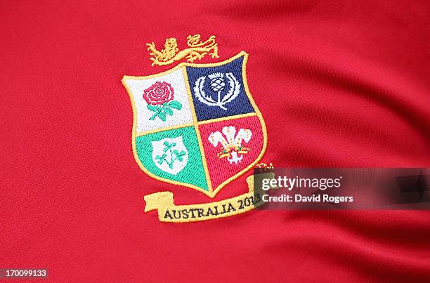 The Lions badge during the British and Irish Lions captain's run at the Anglican Church Grammar School on June 7, 2013 in Brisbane, Queensland,...