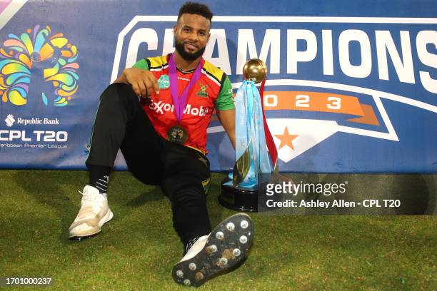 Shai Hope of Guyana Amazon Warriors poses for a photo with the Republic Bank Caribbean Premier League Trophy after winning the Republic Bank...