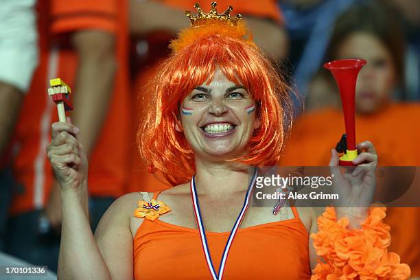 Fan of Netherlands cheers prior to the UEFA European Under 21 Championship match between Netherlands and Germany at Ha Moshava Stadium on June 6,...