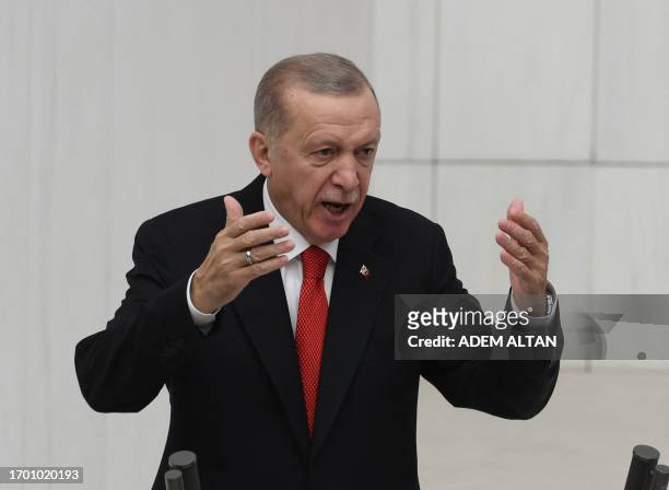 Turkish President Recep Tayyip Erdogan delivers a speech at the opening of the 28th Term, 2nd Legislative Year of the Turkish Grand National Assembly...