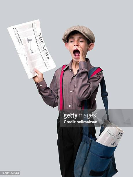 newsboy holding newspaper and shouting to sell - newspaper boy stock pictures, royalty-free photos & images