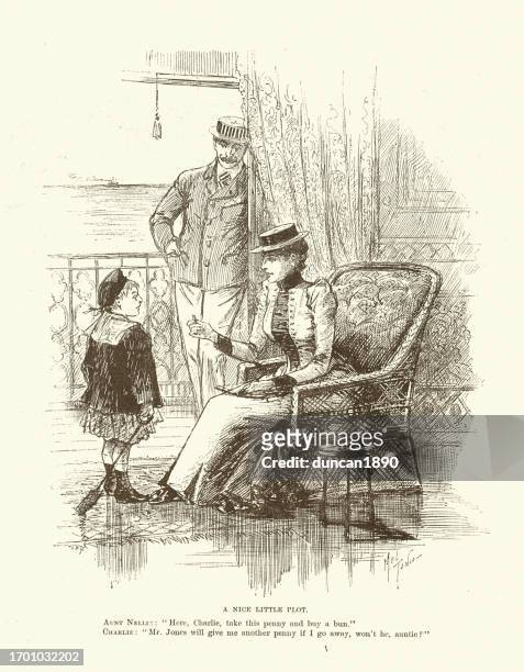 nette kleine handlung, kleiner junge, der geld erpresst, viktorianische karikatur, humor, 1890er 19. jahrhundert - aunt stock-grafiken, -clipart, -cartoons und -symbole