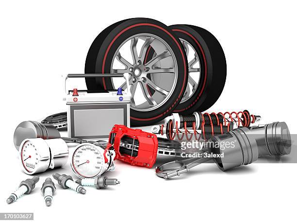 assortment of car parts on white surface - part of stockfoto's en -beelden