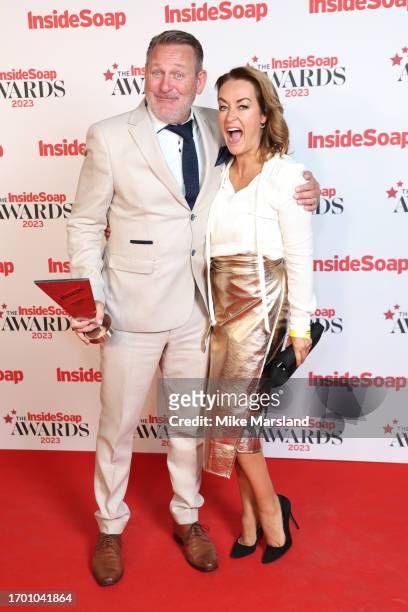 Chris Walker and Elisabeth Dermot Walsh with the Best Daytime award at the Inside Soap Awards 2023 Winners Room at Salsa! on September 25, 2023 in...