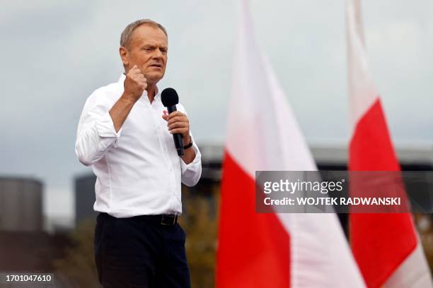 Polish opposition leader, former premier and head of the centrist Civic Coalition bloc, Donald Tusk addresses participants of a rally in Warsaw on...
