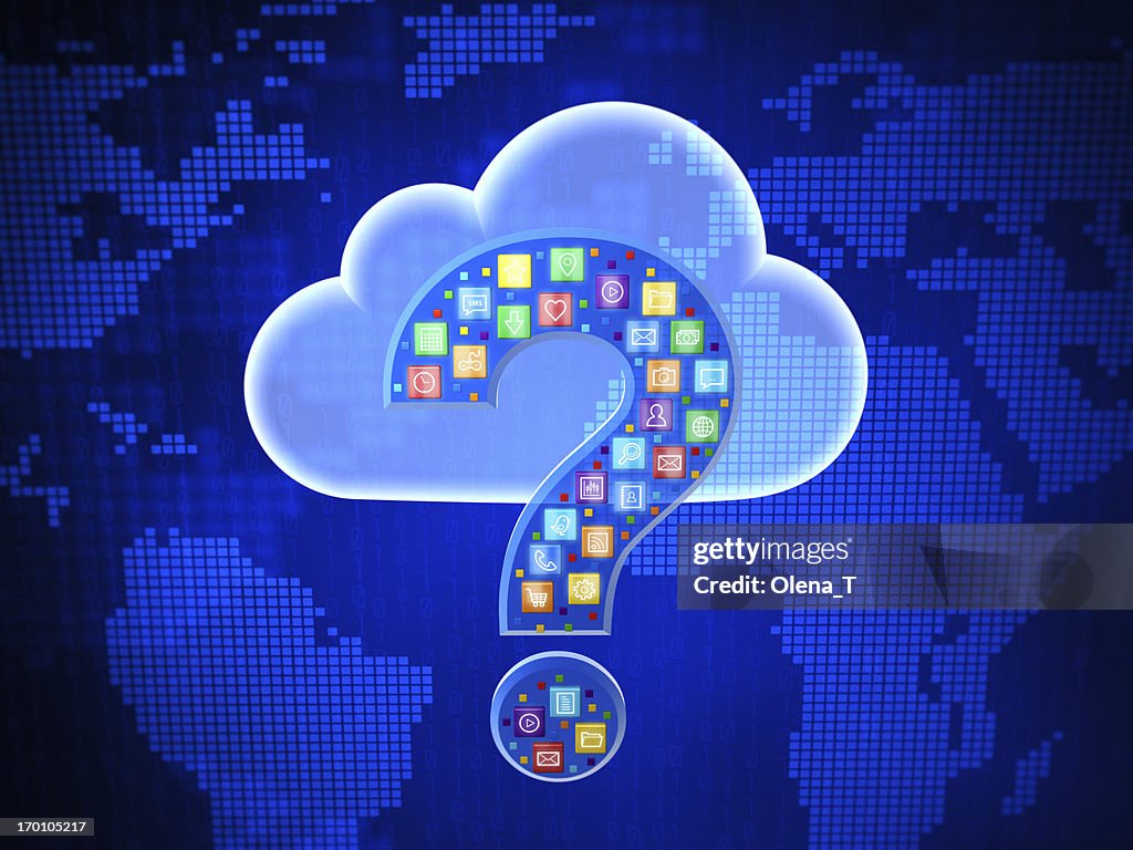 Concept of choosing cloud computing application. Questing mark.