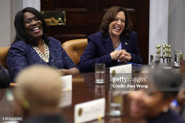 Vice President Kamala Harris speaks as Glenda Glover , Vice Chair of the President’s Board of Advisors on HBCUs and President of Tennessee State...