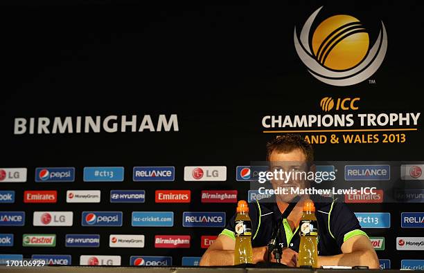 Captain of Australia George Bailey talks to the media during a press conference ahead of the ICC Champions Trophy at Edgbaston on June 7, 2013 in...