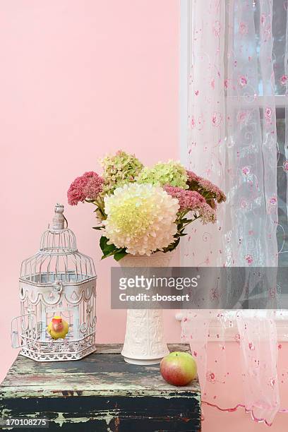 flowers and lovebird in a pink room - shabby chic stockfoto's en -beelden