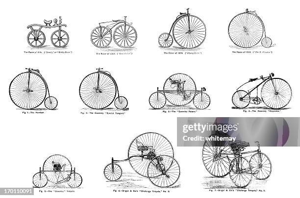 collection of 19th century bicycles and tricycles - vintage bicycle stock illustrations