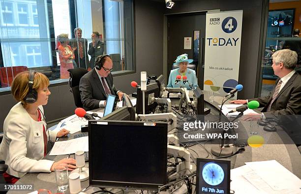 Queen Elizabeth II visits a studio as she opens the new BBC Broadcasting House on June 7, 2013 in London, England.