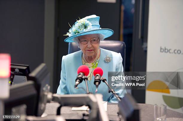 Queen Elizabeth II makes a broadcast from the Today studio as she opens the new BBC Broadcasting House on June 7, 2013 in London, England.