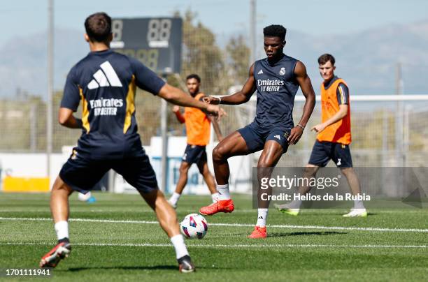 Aurelien Tchouameni player of Real Madrid is training at Valdebebas training ground on September 25, 2023 in Madrid, Spain.