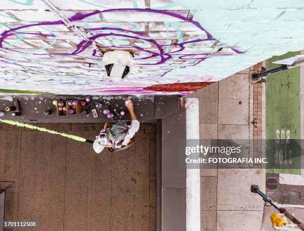 young caucasian woman creating outdoor mural on the roof top - fotografia stock pictures, royalty-free photos & images