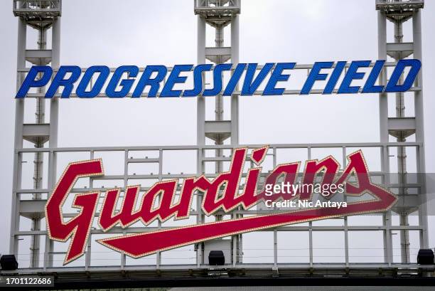 The Progressive Field sign and Cleveland Guardians logo is pictured during the game between the Cleveland Guardians and Baltimore Orioles at...