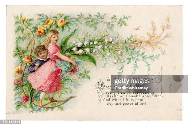 ilustraciones, imágenes clip art, dibujos animados e iconos de stock de victorian tarjeta de cumpleaños 1879 - happy birthday vintage