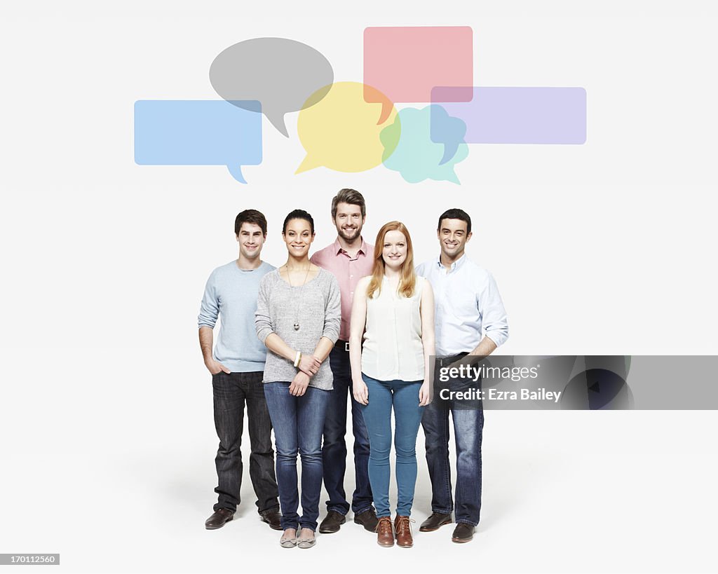 Group of people under speech bubbles.