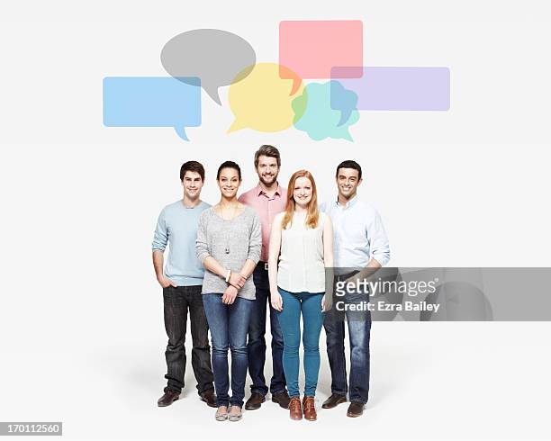 group of people under speech bubbles. - five people stock pictures, royalty-free photos & images