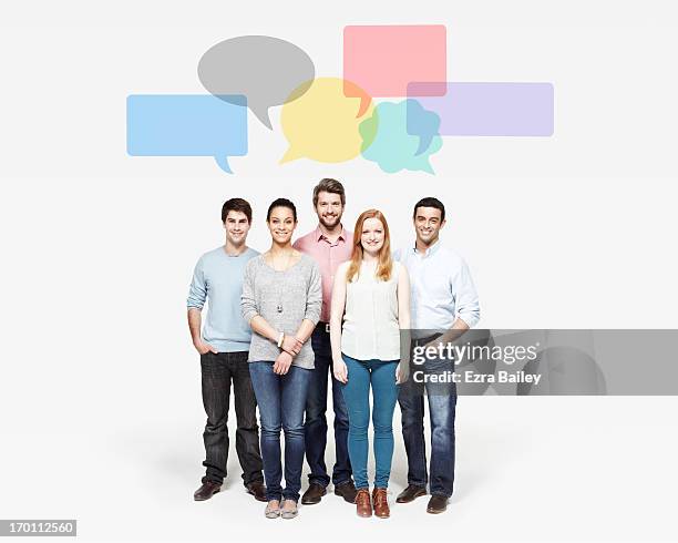 group of people under speech bubbles. - small group of people white background stock pictures, royalty-free photos & images