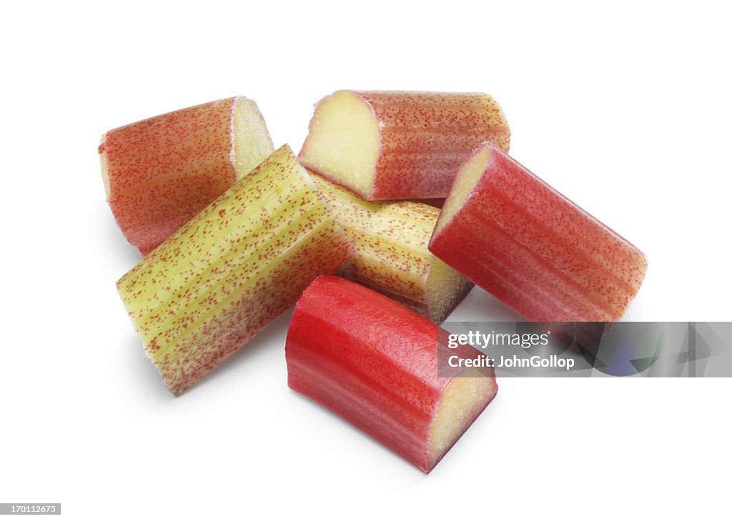 Large chunks of rhubarb over white background