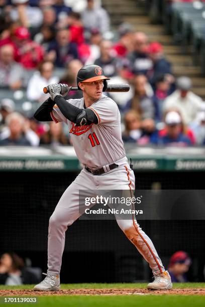 Jordan Westburg of the Baltimore Orioles at bat against the Cleveland Guardians at Progressive Field on September 24, 2023 in Cleveland, Ohio.